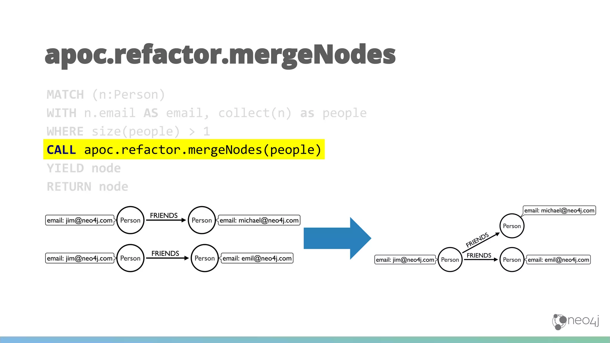 apoc.refactor.mergeNodes
MATCH (n:Person)
WITH n.email AS email, collect(n) as people
WHERE size(people) > 1
CALL apoc.refactor.mergeNodes(people)
YIELD node
RETURN node
 