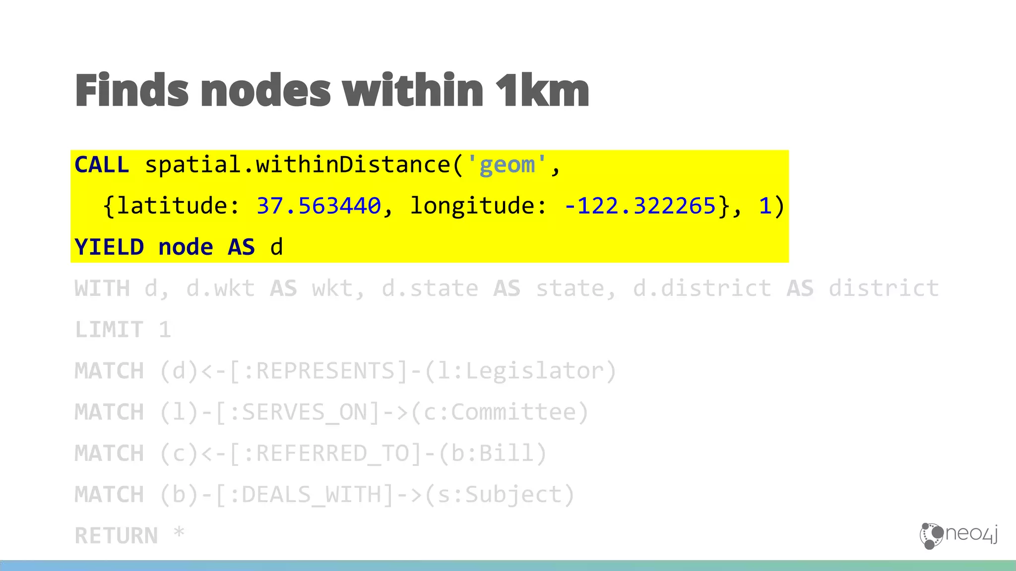 CALL spatial.withinDistance('geom',
{latitude: 37.563440, longitude: -122.322265}, 1)
YIELD node AS d
WITH d, d.wkt AS wkt, d.state AS state, d.district AS district
LIMIT 1
MATCH (d)<-[:REPRESENTS]-(l:Legislator)
MATCH (l)-[:SERVES_ON]->(c:Committee)
MATCH (c)<-[:REFERRED_TO]-(b:Bill)
MATCH (b)-[:DEALS_WITH]->(s:Subject)
RETURN *
Finds nodes within 1km
 