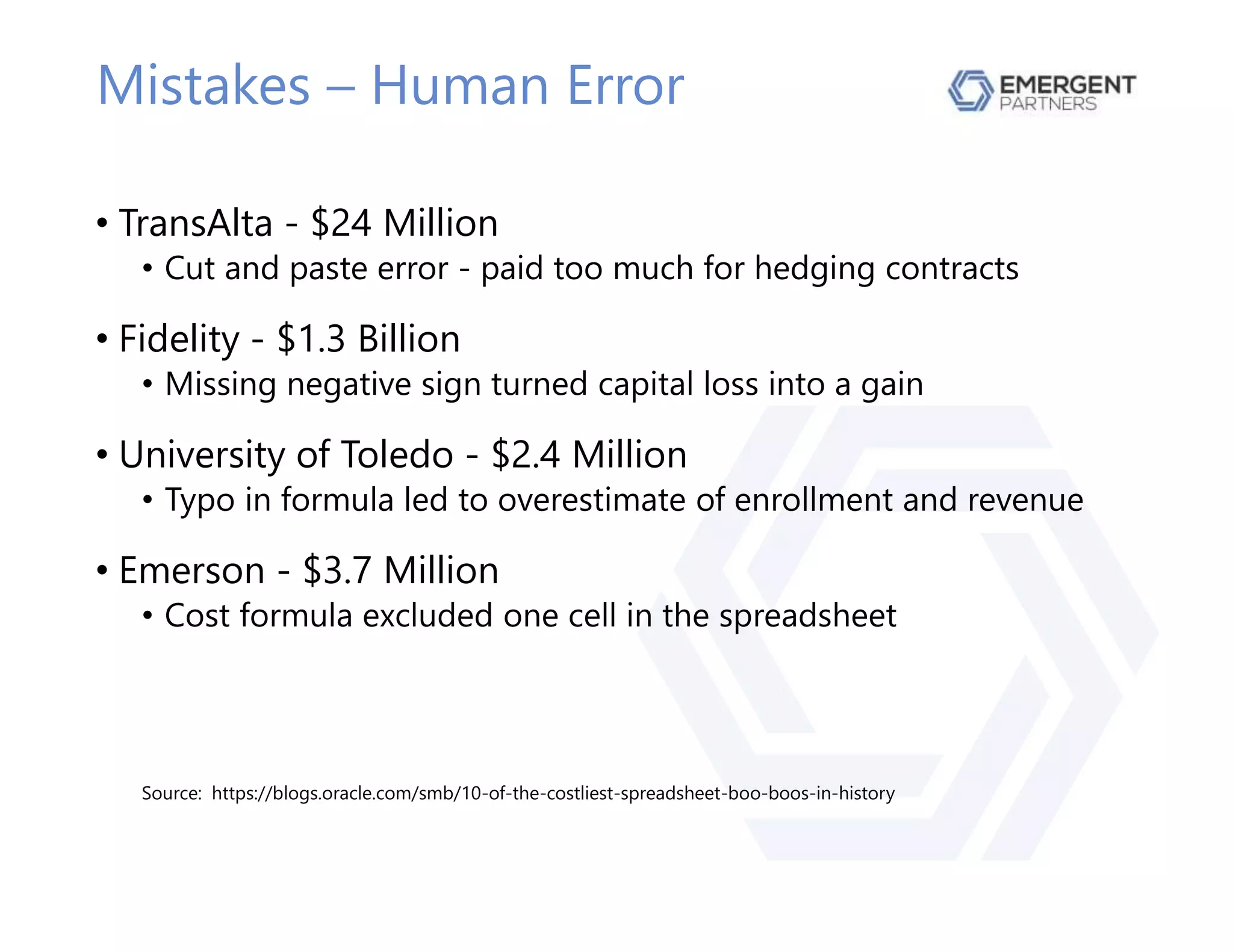 Mistakes – Human Error
• TransAlta - $24 Million
• Cut and paste error - paid too much for hedging contracts
• Fidelity - $1.3 Billion
• Missing negative sign turned capital loss into a gain
• University of Toledo - $2.4 Million
• Typo in formula led to overestimate of enrollment and revenue
• Emerson - $3.7 Million
• Cost formula excluded one cell in the spreadsheet
Source: https://blogs.oracle.com/smb/10-of-the-costliest-spreadsheet-boo-boos-in-history
 