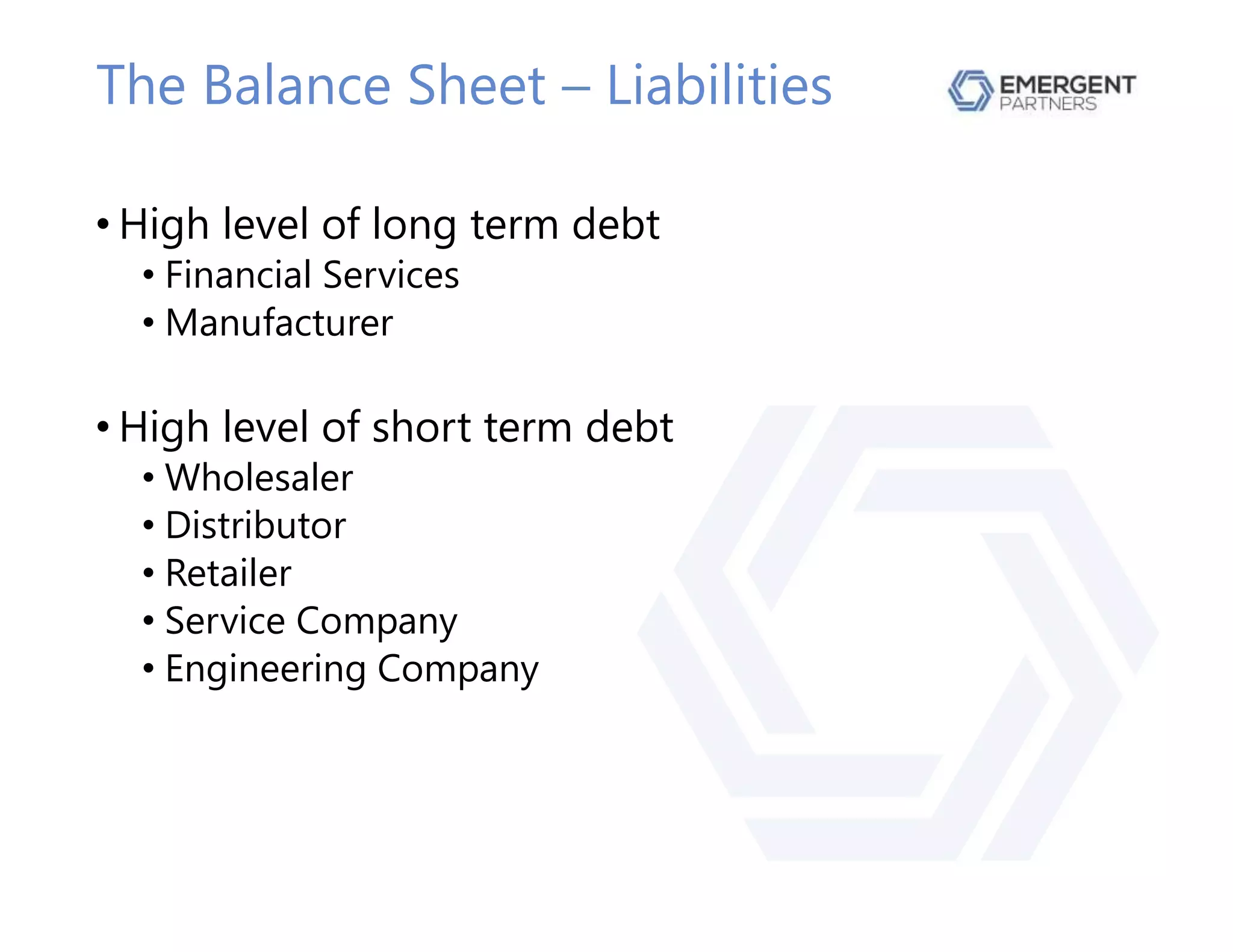 The Balance Sheet – Liabilities
• High level of long term debt
• Financial Services
• Manufacturer
• High level of short term debt
• Wholesaler
• Distributor
• Retailer
• Service Company
• Engineering Company
 