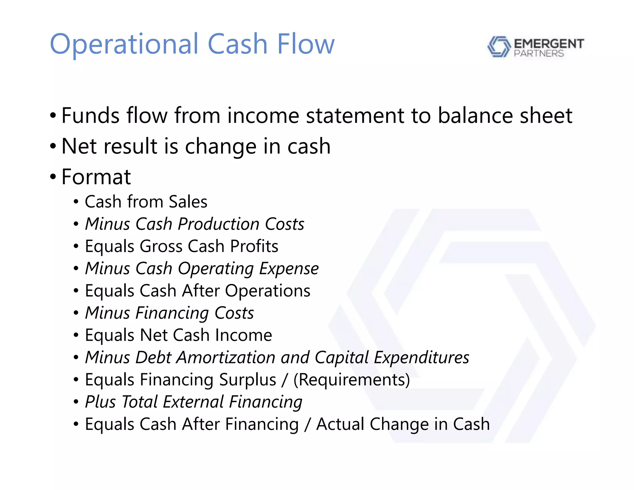 Operational Cash Flow
• Funds flow from income statement to balance sheet
• Net result is change in cash
• Format
• Cash from Sales
• Minus Cash Production Costs
• Equals Gross Cash Profits
• Minus Cash Operating Expense
• Equals Cash After Operations
• Minus Financing Costs
• Equals Net Cash Income
• Minus Debt Amortization and Capital Expenditures
• Equals Financing Surplus / (Requirements)
• Plus Total External Financing
• Equals Cash After Financing / Actual Change in Cash
 