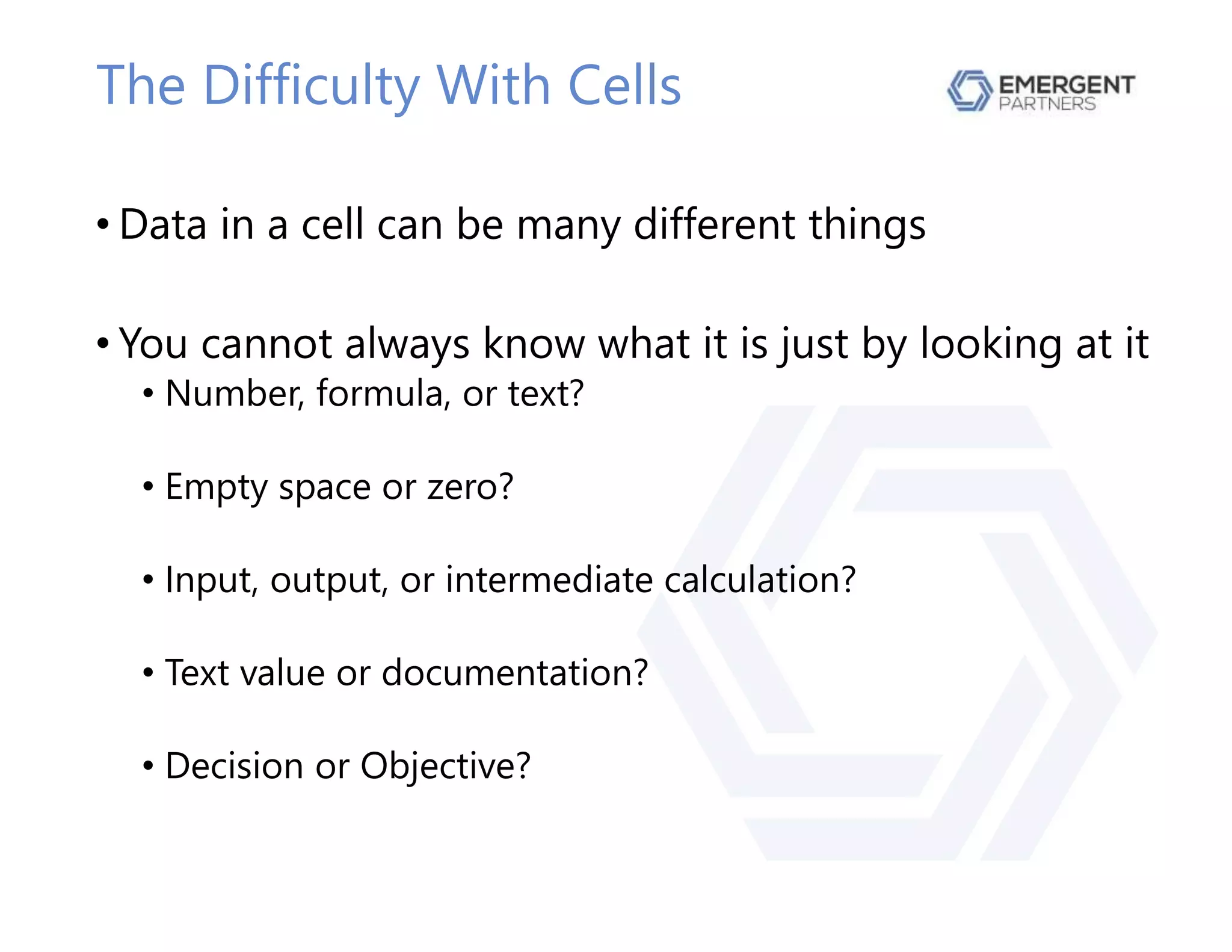 The Difficulty With Cells
• Data in a cell can be many different things
• You cannot always know what it is just by looking at it
• Number, formula, or text?
• Empty space or zero?
• Input, output, or intermediate calculation?
• Text value or documentation?
• Decision or Objective?
 