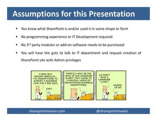 sharepointmaven.com @gregoryzelfondsharepointmaven.com @gregoryzelfond
December 2015 UPDATE!!!
 This slide deck debuted in April 2013
 Since then, I authored 2 blogs which relate to
the topic:
– Follow-up blog post that details STEP-BY-STEP
Instructions on how to create an awesome Project or
Team Site in SharePoint
– Presentation on “3 ways to manage projects in
SharePoint”
 Make sure to check out both links above and
enjoy the rest of this presentation
 