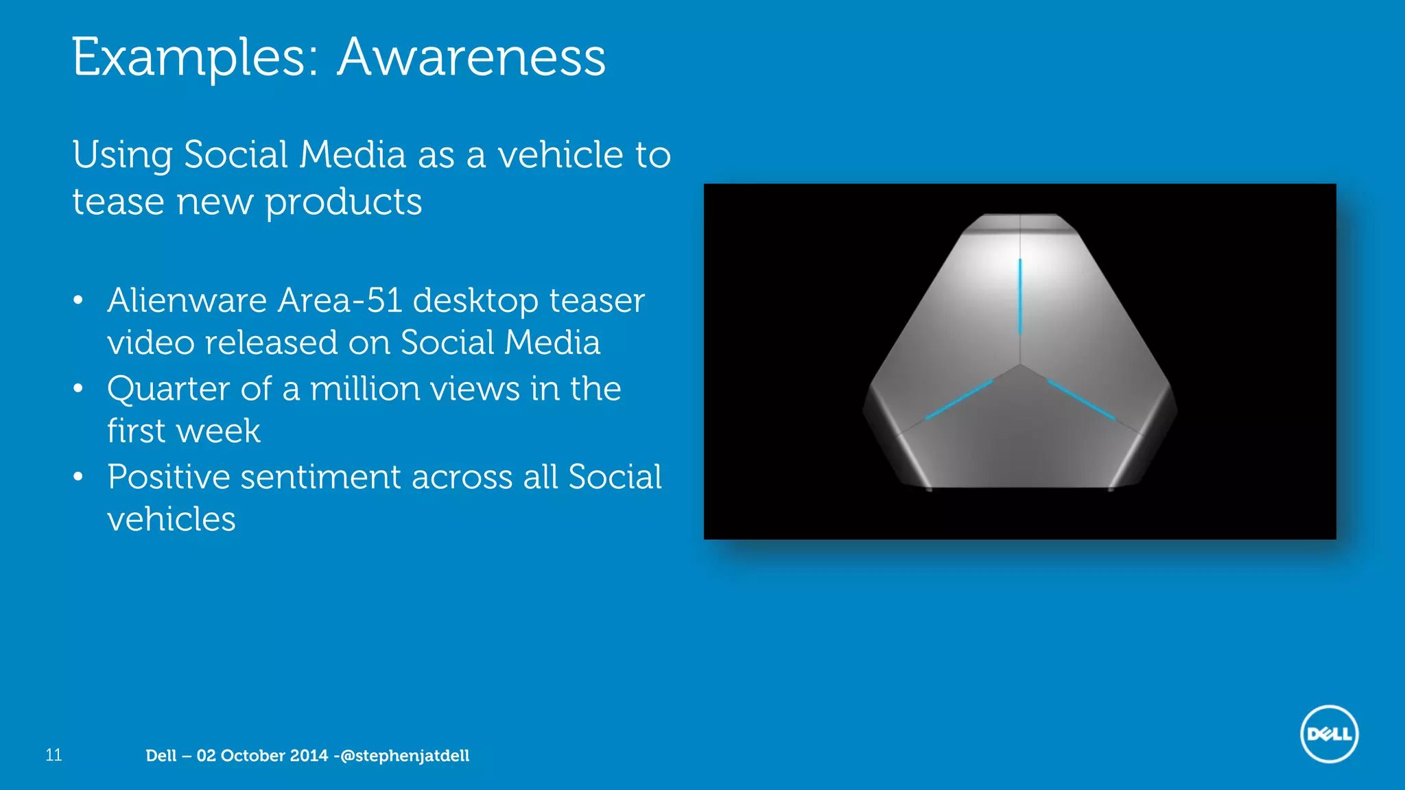 Dell – 02 October 2014 -@stephenjatdell11
Examples: Awareness
Using Social Media as a vehicle to
tease new products
• Alienware Area-51 desktop teaser
video released on Social Media
• Quarter of a million views in the
first week
• Positive sentiment across all Social
vehicles
 