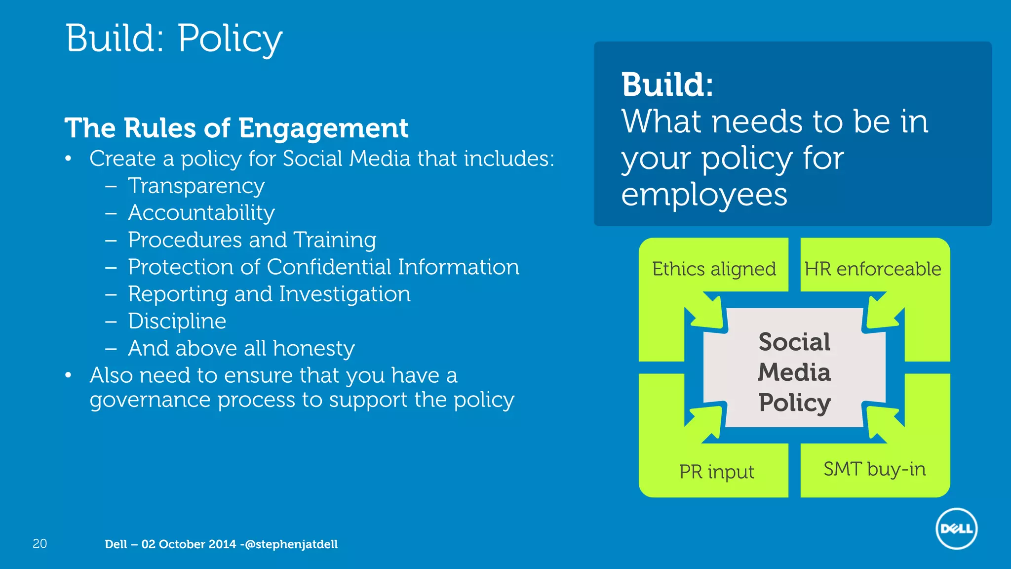 Dell – 02 October 2014 -@stephenjatdell20
Build: Policy
Build:
What needs to be in
your policy for
employees
The Rules of Engagement
• Create a policy for Social Media that includes:
– Transparency
– Accountability
– Procedures and Training
– Protection of Confidential Information
– Reporting and Investigation
– Discipline
– And above all honesty
• Also need to ensure that you have a
governance process to support the policy
Social
Media
Policy
HR enforceableEthics aligned
PR input SMT buy-in
 