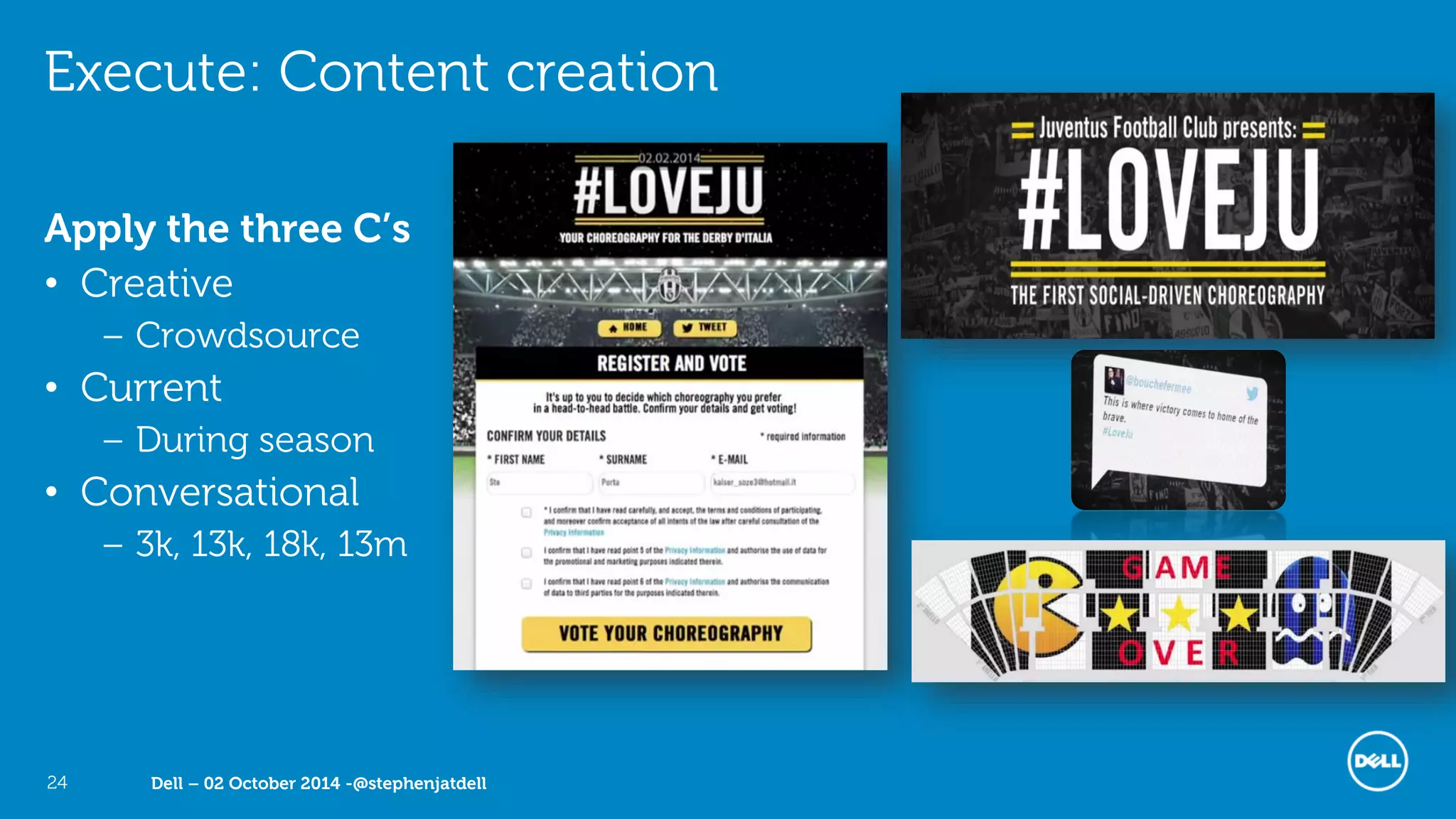 Dell – 02 October 2014 -@stephenjatdell24
Execute: Content creation
Apply the three C’s
• Creative
– Crowdsource
• Current
– During season
• Conversational
– 3k, 13k, 18k, 13m
 