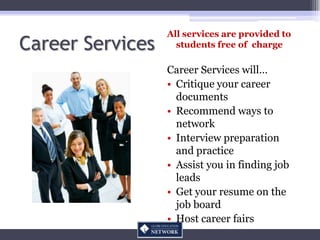 All services are provided to
Career Services     students free of charge

                  Career Services will…
                  • Critique your career
                    documents
                  • Recommend ways to
                    network
                  • Interview preparation
                    and practice
                  • Assist you in finding job
                    leads
                  • Get your resume on the
                    job board
                  • Host career fairs
 