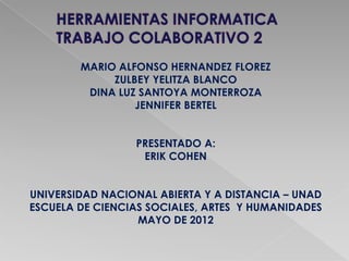 MARIO ALFONSO HERNANDEZ FLOREZ
             ZULBEY YELITZA BLANCO
         DINA LUZ SANTOYA MONTERROZA
                 JENNIFER BERTEL


                 PRESENTADO A:
                  ERIK COHEN


UNIVERSIDAD NACIONAL ABIERTA Y A DISTANCIA – UNAD
ESCUELA DE CIENCIAS SOCIALES, ARTES Y HUMANIDADES
                  MAYO DE 2012
 