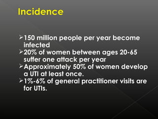 150 million people per year become
infected
20% of women between ages 20-65
suffer one attack per year
Approximately 50% of women develop
a UTI at least once.
1%-6% of general practitioner visits are
for UTIs.
 
