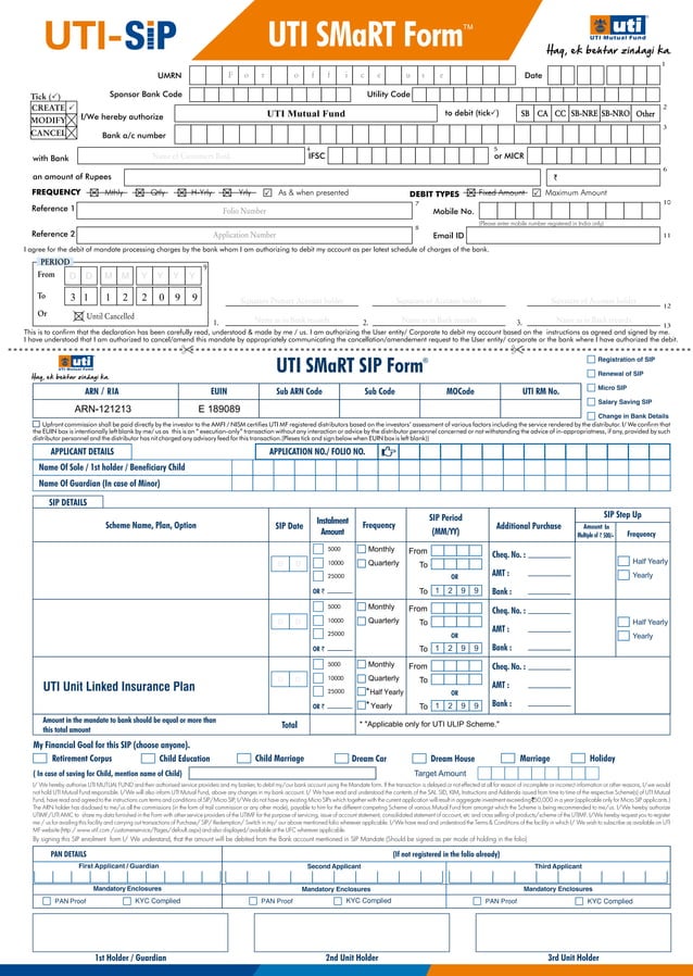 UTI Systematic Investment Plan (SIP) New Editable Application Form PDF