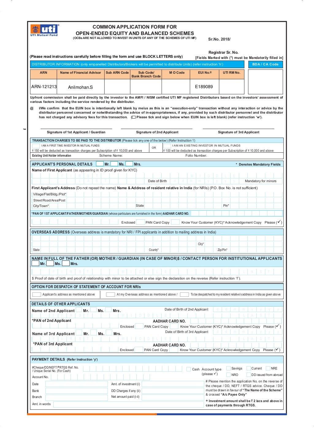 UTI Mutual Fund New Common Application Form for Open Ended Equity and