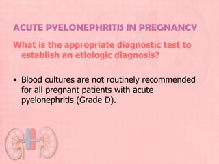 ACUTE PYELONEPHRITIS IN PREGNANCY
What is the appropriate diagnostic test to
 establish an etiologic diagnosis?

• Blood cultures are not routinely recommended
  for all pregnant patients with acute
  pyelonephritis (Grade D).
 
