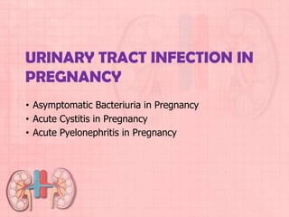 URINARY TRACT INFECTION IN
PREGNANCY
• Asymptomatic Bacteriuria in Pregnancy
• Acute Cystitis in Pregnancy
• Acute Pyelonephritis in Pregnancy
 