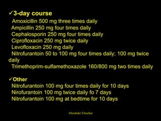 3-day course
Amoxicillin 500 mg three times daily
Ampicillin 250 mg four times daily
Cephalosporin 250 mg four times daily
Ciprofloxacin 250 mg twice daily
Levofloxacin 250 mg daily
Nitrofurantoin 50 to 100 mg four times daily; 100 mg twice
daily
Trimethoprim-sulfamethoxazole 160/800 mg two times daily
Other
Nitrofurantoin 100 mg four times daily for 10 days
Nirofurantoin 100 mg twice daily fo 7 days
Nitrofurantoin 100 mg at bedtime for 10 days
Aboubakr Elnashar
 