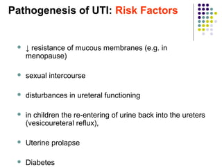 Pathogenesis of UTI: Risk Factors
 ↓ resistance of mucous membranes (e.g. in
menopause)
 sexual intercourse
 disturbances in ureteral functioning
 in children the re-entering of urine back into the ureters
(vesicoureteral reflux),
 Uterine prolapse
 Diabetes
 