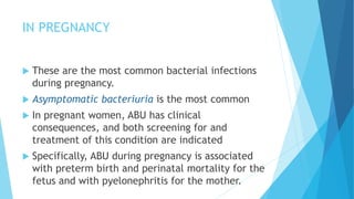 IN PREGNANCY
 These are the most common bacterial infections
during pregnancy.
 Asymptomatic bacteriuria is the most common
 In pregnant women, ABU has clinical
consequences, and both screening for and
treatment of this condition are indicated
 Specifically, ABU during pregnancy is associated
with preterm birth and perinatal mortality for the
fetus and with pyelonephritis for the mother.
 