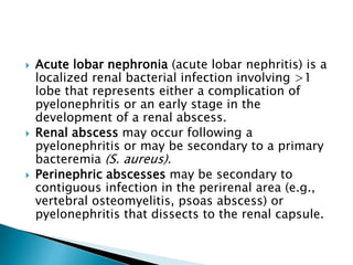 Acute lobar nephronia (acute lobar nephritis) is a
localized renal bacterial infection involving >1
lobe that represents either a complication of
pyelonephritis or an early stage in the
development of a renal abscess.
 Renal abscess may occur following a
pyelonephritis or may be secondary to a primary
bacteremia (S. aureus).
 Perinephric abscesses may be secondary to
contiguous infection in the perirenal area (e.g.,
vertebral osteomyelitis, psoas abscess) or
pyelonephritis that dissects to the renal capsule.
 