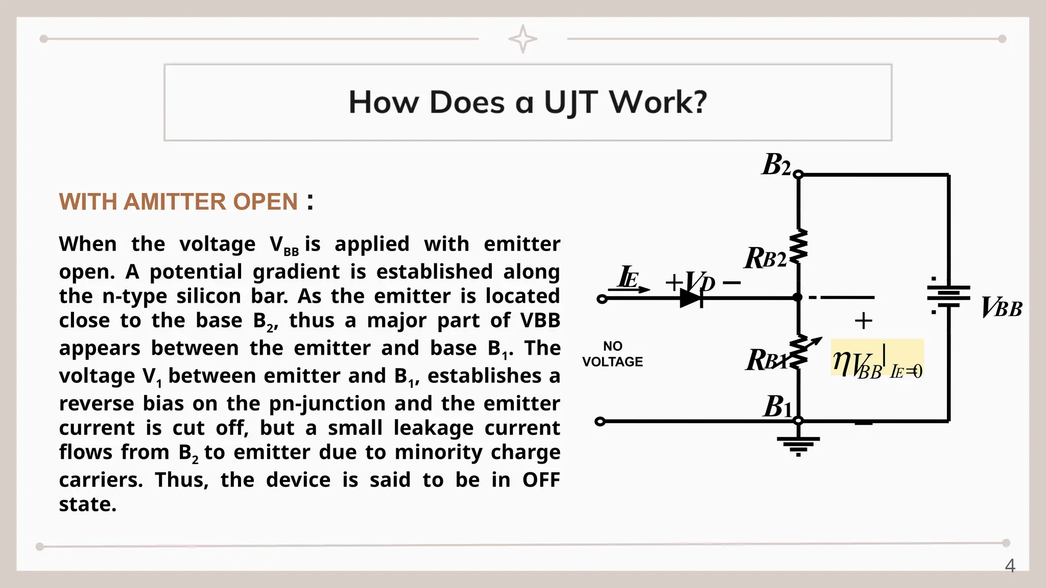 4
RB2
RB1
VBB
0
=
E
I
BB
V
h
+VD -
IE
-
B2
B1
+
-
When the voltage VBB is applied with emitter
open. A potential gradient is established along
the n-type silicon bar. As the emitter is located
close to the base B2, thus a major part of VBB
appears between the emitter and base B1. The
voltage V1 between emitter and B1, establishes a
reverse bias on the pn-junction and the emitter
current is cut off, but a small leakage current
flows from B2 to emitter due to minority charge
carriers. Thus, the device is said to be in OFF
state.
NO
VOLTAGE
WITH AMITTER OPEN :
 