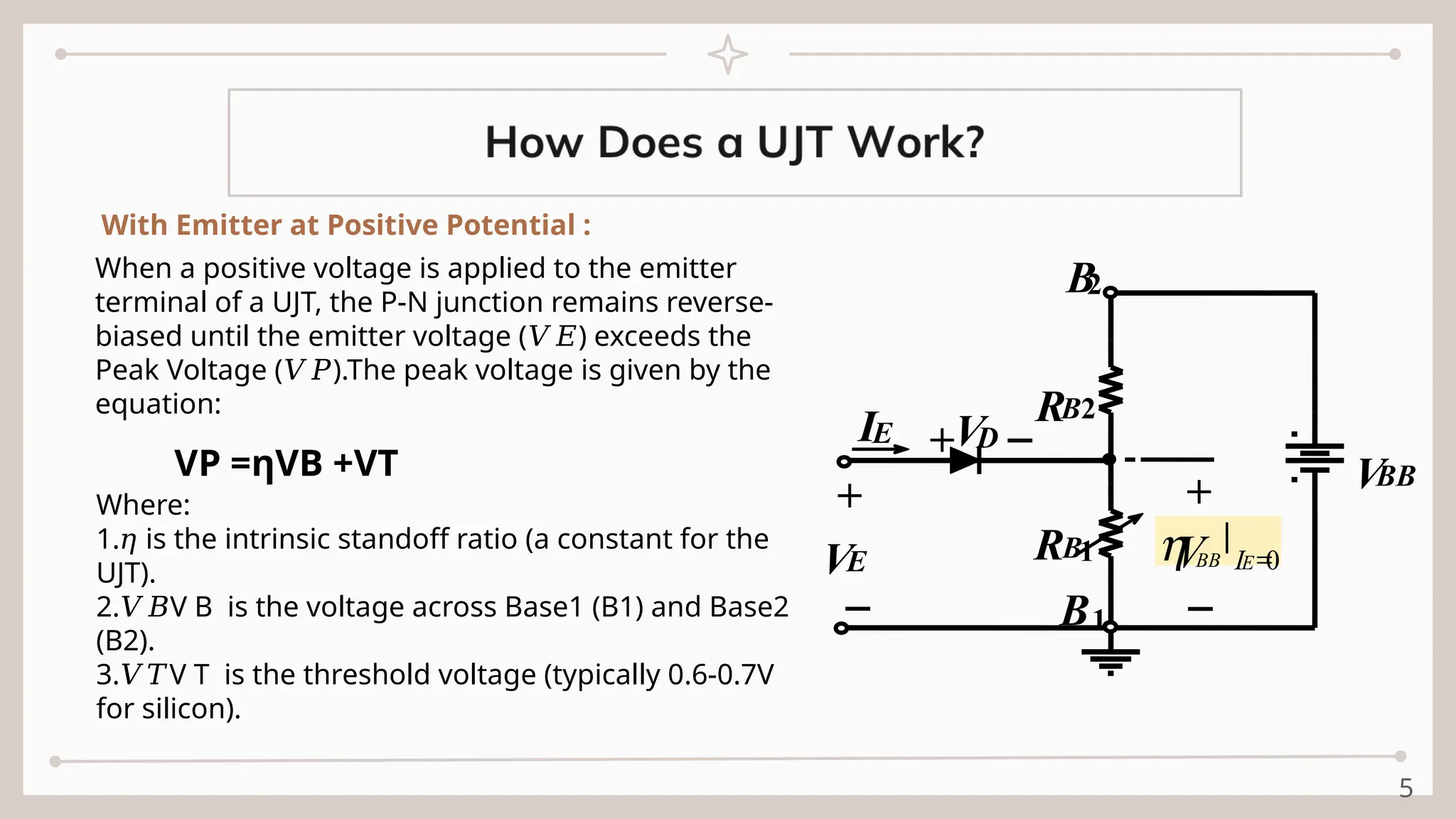 5
RB2
RB1
VBB
0
=
E
I
BB
V
h
+VD -
IE
+
VE
-
B
2
B1
+
-
With Emitter at Positive Potential :
When a positive voltage is applied to the emitter
terminal of a UJT, the P-N junction remains reverse-
biased until the emitter voltage ( ) exceeds the
𝑉𝐸
Peak Voltage ( ).The peak voltage is given by the
𝑉𝑃
equation:
VP​=ηVB​+VT​
Where:
1. is the intrinsic standoff ratio (a constant for the
𝜂
UJT).
2. V B​ is the voltage across Base1 (B1) and Base2
𝑉𝐵
(B2).
3. V T​ is the threshold voltage (typically 0.6-0.7V
𝑉𝑇
for silicon).
 