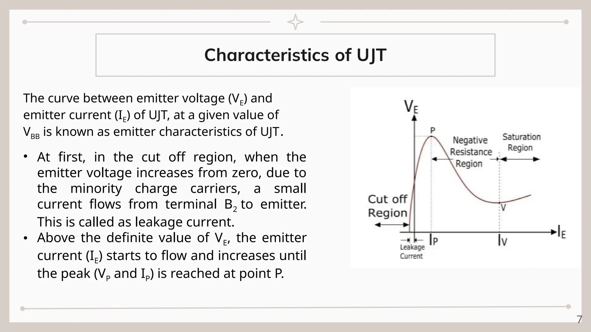 7
The curve between emitter voltage (VE) and
emitter current (IE) of UJT, at a given value of
VBB is known as emitter characteristics of UJT.
• At first, in the cut off region, when the
emitter voltage increases from zero, due to
the minority charge carriers, a small
current flows from terminal B2 to emitter.
This is called as leakage current.
• Above the definite value of VE, the emitter
current (IE) starts to flow and increases until
the peak (VP and IP) is reached at point P.
 