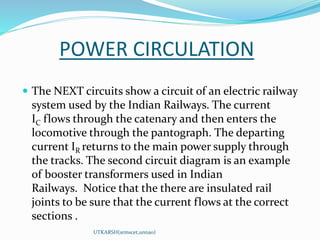 POWER CIRCULATION
 The NEXT circuits show a circuit of an electric railway
system used by the Indian Railways. The current
IC flows through the catenary and then enters the
locomotive through the pantograph. The departing
current IR returns to the main power supply through
the tracks. The second circuit diagram is an example
of booster transformers used in Indian
Railways. Notice that the there are insulated rail
joints to be sure that the current flows at the correct
sections .
UTKARSH(srmscet,unnao)
 
