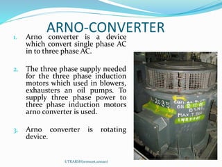 ARNO-CONVERTER
UTKARSH(srmscet,unnao)
1. Arno converter is a device
which convert single phase AC
in to three phase AC.
2. The three phase supply needed
for the three phase induction
motors which used in blowers,
exhausters an oil pumps. To
supply three phase power to
three phase induction motors
arno converter is used.
3. Arno converter is rotating
device.
 