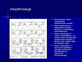 РАСКРСНИЦЕ


                Илустрација нивоа
                 каналисања
                 саобраћајних токова
                Ниво каналисања 1 –
                 представља велику
                 разлику у оптерећењу
                 саобраћајница
                Ниво каналисања 2 –
                 знатно оптерећење – те
                 треба саобр. Каналисати
                 средичњим острвом, а
                 возила која скрећу лево
                 на засебну траку.
                Ниво каналисања 3 –
                 висока оптерећења –
                 захтева комплетно
                 каналисање уз
                 светлосну
                 сигнализацију.
 
