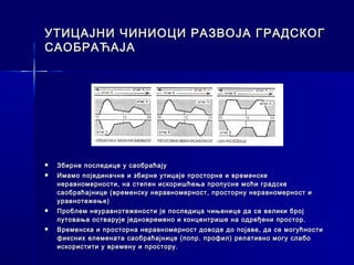 УТИЦАЈНИ ЧИНИОЦИ РАЗВОЈА ГРАДСКОГ
САОБРАЋАЈА




   Збирне последице у саобраћају
   Имамо појединачне и збирне утицаје просторне и временске
    неравномерности, на степен искоришћења пропусне моћи градске
    саобраћајнице (временску неравномерност, просторну неравномерност и
    уравнотежење)
   Проблем неуравнотежености је последица чињенице да се велики број
    путовања остварује једновремено и концентрише на одређени простор.
   Временска и просторна неравномерност доводе до појаве, да се могућности
    фиксних елемената саобраћајнице (попр. профил) релативно могу слабо
    искористити у времену и простору.
 