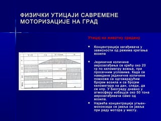 ФИЗИЧКИ УТИЦАЈИ САВРЕМЕНЕ
МОТОРИЗАЦИЈЕ НА ГРАД

                 Утицај на животну средину

                    Концентрација загађивача у
                     зависности од режима кретања
                     возила

                    Јединичне количине
                     аерозагађења се крећу око 20
                     гр по километру вожње, при
                     просечним условима. Када се
                     наведене јединичне количине
                     помноже са одговарајућим
                     бројем возила и са бројем
                     километара на дан, следи, да
                     се нпр. У Београду дневно у
                     атмосферу избацује око 50 тона
                     аерозагађивача само од
                     возила.
                    Највећа концентрација угњен-
                     моноксида се јавља се јавља
                     при раду мотора у месту.
 