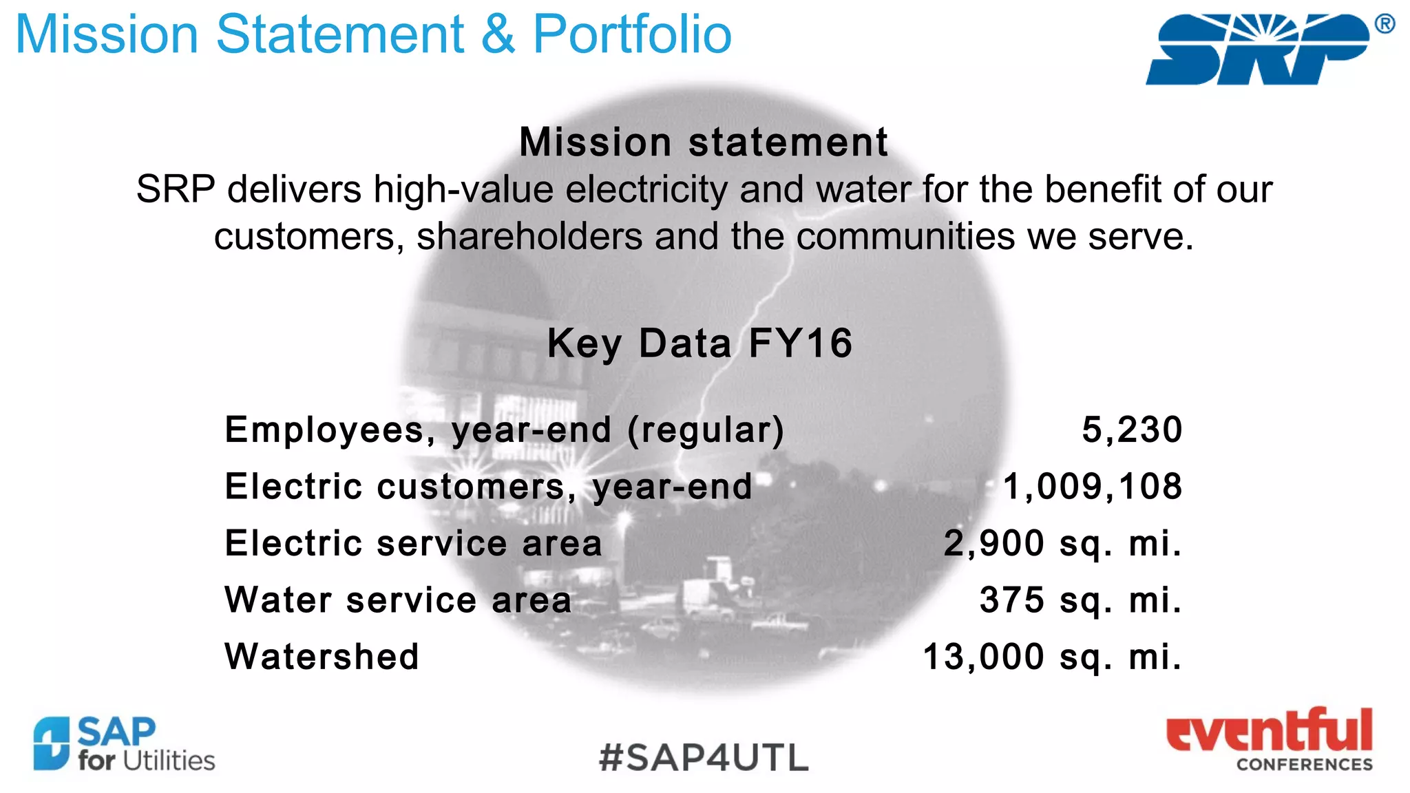 Mission Statement & Portfolio
Mission statement
SRP delivers high-value electricity and water for the benefit of our
customers, shareholders and the communities we serve.
Employees, year-end (regular) 5,230
Electric customers, year-end 1,009,108
Electric service area 2,900 sq. mi.
Water service area 375 sq. mi.
Watershed 13,000 sq. mi.
Key Data FY16
 
