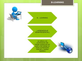 B – LEARNING
( APRENDIZAJE
SEMIPRESENCIAL)
se refiere a la
combinación del
trabajo presencial (en
aula) y del trabajo en
línea (combinando
Internet y medios
digitales)
B-LEARNING
 