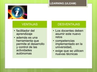 VENTAJAS
• facilitador del
aprendizaje
• además es una
herramienta que
permite el desarrollo
y control de las
actividades
autónomas
DESVENTAJAS
• Los docentes deben
asumir este nuevo
retos
• competencias
implementado en la
universidad,
• exige que se utilicen
nuevas técnicas
LEARNING (ULEAM)
 