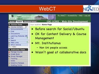 WebCT Before search for Social/Ubuntu OK for Content Delivery & Course Management Mt. Institutionus Non Uni people access Wasn’t good at collaborative docs 