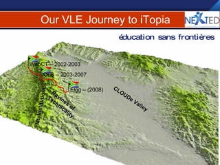 Our VLE Journey to iTopia Mt. Institutionus Ravines of Technicality CLOUDe Valley éducation sans frontières WebCT – 2002-2003 OLS – 2003-2007 Elgg – (2008) 