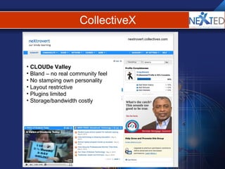 CollectiveX CLOUDe Valley Bland – no real community feel No stamping own personality Layout restrictive Plugins limited Storage/bandwidth costly nextrovert.collectivex.com 