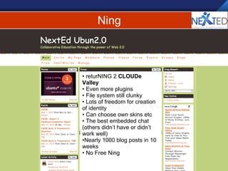 Ning returNING 2  CLOUDe Valley Even more plugins File system still clunky Lots of freedom for creation of identity Can choose own skins etc The best embedded chat (others didn’t have or didn’t work well) Nearly 1000 blog posts in 10 weeks No Free Ning 