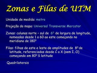 Zonas e Filas de UTM
Unidade de medida: metro

Projeção do mapa: Universal Transverse Mercator

Zonas: colunas norte – sul de 60 de largura de longitude,
  nomeadas desde 1 a 60 ao este começando no
  meridiano de 1800

Filas: filhas de este e leste de amplitudes de 80 de
   latitude, referenciadas desde C a X (sem I, O)
   começando em 800 S latitude

Quadrilaterais
 
