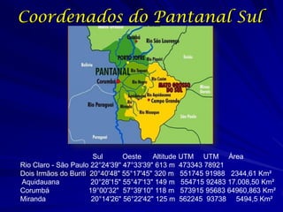 Coordenados do Pantanal Sul




                       Sul       Oeste    Altitude UTM UTM Área
Rio Claro - São Paulo 22°24'39'' 47°33'39" 613 m 473343 78921
Dois Irmãos do Buriti 20°40'48" 55°17'45" 320 m 551745 91988 2344,61 Km²
Aquidauana             20°28'15" 55°47'13" 149 m 554715 92483 17.008,50 Km²
Corumbá               19°00'32" 57°39'10" 118 m 573915 95683 64960,863 Km²
Miranda                20°14'26" 56°22'42" 125 m 562245 93738 5494,5 Km²
 