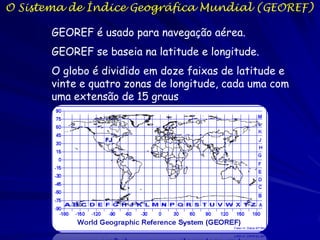 O Sistema de Índice Geográfica Mundial (GEOREF)

       GEOREF é usado para navegação aérea.
       GEOREF se baseia na latitude e longitude.
       O globo é dividido em doze faixas de latitude e
       vinte e quatro zonas de longitude, cada uma com
       uma extensão de 15 graus
 