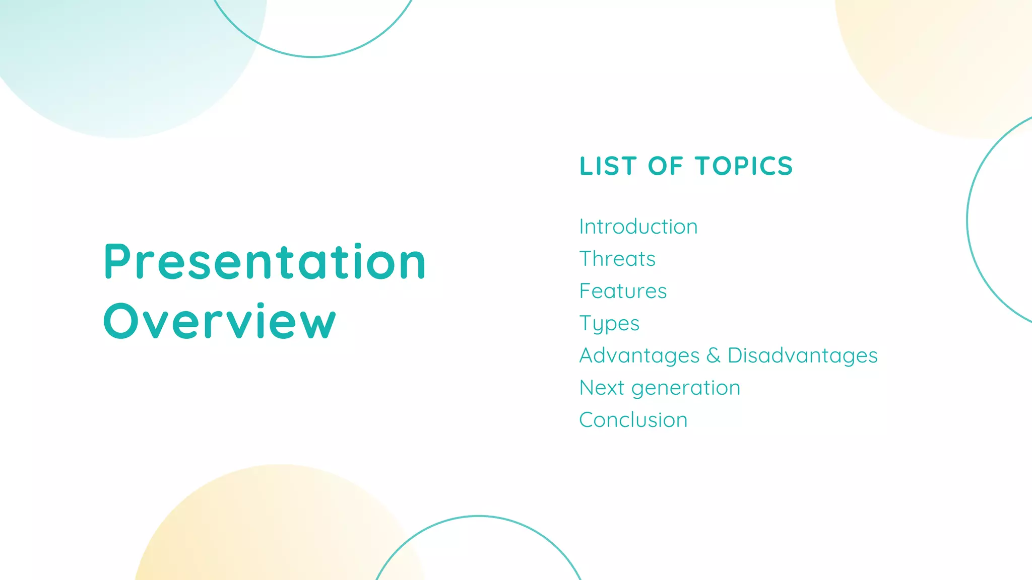 Presentation
Overview
LIST OF TOPICS
Introduction
Threats
Features
Types
Advantages & Disadvantages
Next generation
Conclusion
