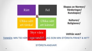 Rätt Fel
Olika sätt
att tänka!
Olika sätt
att känna!
Styr våra
agerande!TANKEN: MIN TID HÄR OCH NU! = SER JAG SOM MIN STÖRSTA FRIHET & MITT
STÖRSTAANSVAR!
 
