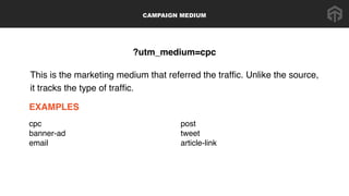 CAMPAIGN MEDIUM
?utm_medium=cpc
This is the marketing medium that referred the trafﬁc. Unlike the source,
it tracks the ty...