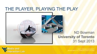 THE PLAYER, PLAYING THE PLAY
ND Bowman
University of Toronto
31 Sept 2013
Media and
Interaction Lab
 
