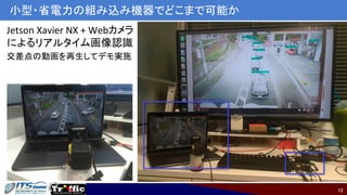 12
小型・省電力の組み込み機器でどこまで可能か
Jetson Xavier NX + Webカメラ
によるリアルタイム画像認識
交差点の動画を再生してデモ実施
 