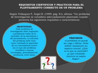 REQUISITOS CIENTIFICOS Y PRACTICOS PARA EL 
PLANTEAMIENTO CORRECTO DE UN PROBLEMA 
Según Velásquez F, Ángel R. (1999: pág. 81), afirma: “Un problema 
de Investigación se considera adecuadamente planteado cuando 
presenta los siguientes requisitos o características: 
OBJETIVIDAD: 
Todo problema de 
investigación debe responder 
a problemas reales de la 
sociedad, de la naturaleza o 
del pensamiento. La solución 
del problema debe traer 
como resultado la aparición 
de un conocimiento nuevo 
(en el caso del problema 
científico) o nuevas 
tecnologías, procedimientos, 
productos, entre otros. 
PRECISION: 
el problema no puede 
ser vago o difuso. Debe 
definir claramente su 
aspecto central. ¿Qué 
es lo que se pretende? 
¿a qué resultado 
concreto se aspira 
llegar?. 
 