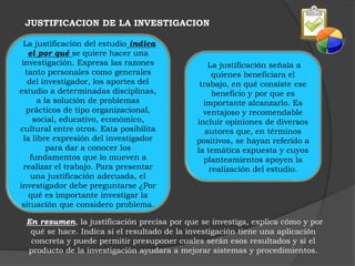 JUSTIFICACION DE LA INVESTIGACION 
La justificación del estudio indica 
el por qué se quiere hacer una 
investigación. Expresa las razones 
tanto personales como generales 
del investigador, los aportes del 
estudio a determinadas disciplinas, 
a la solución de problemas 
prácticos de tipo organizacional, 
social, educativo, económico, 
cultural entre otros. Esta posibilita 
la libre expresión del investigador 
para dar a conocer los 
fundamentos que lo mueven a 
realizar el trabajo. Para presentar 
una justificación adecuada, el 
investigador debe preguntarse ¿Por 
qué es importante investigar la 
situación que considero problema. 
La justificación señala a 
quienes beneficiara el 
trabajo, en qué consiste ese 
beneficio y por que es 
importante alcanzarlo. Es 
ventajoso y recomendable 
incluir opiniones de diversos 
autores que, en términos 
positivos, se hayan referido a 
la temática expuesta y cuyos 
planteamientos apoyen la 
realización del estudio. 
En resumen, la justificación precisa por que se investiga, explica cómo y por 
qué se hace. Indica si el resultado de la investigación tiene una aplicación 
concreta y puede permitir presuponer cuales serán esos resultados y si el 
producto de la investigación ayudara a mejorar sistemas y procedimientos. 
 