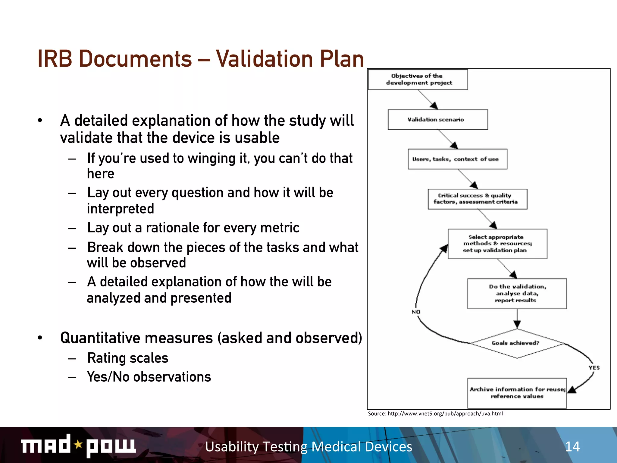 IRB Documents – Validation Plan

•  A detailed explanation of how the study will
   validate that the device is usable
    –  If you’re used to winging it, you can’t do that
       here
    –  Lay out every question and how it will be
       interpreted
    –  Lay out a rationale for every metric
    –  Break down the pieces of the tasks and what
       will be observed
    –  A detailed explanation of how the will be
       analyzed and presented

•  Quantitative measures (asked and observed)
    –  Rating scales
    –  Yes/No observations

                                                             Source:	
  hDp://www.vnet5.org/pub/approach/uva.html	
  




                           Usability	
  Tes,ng	
  Medical	
  Devices	
                                                  14	
  
 