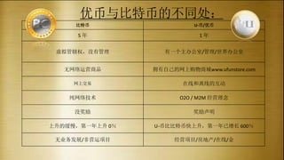 比特币 U-币/优币
5 年 1 年
虚拟管辖权，没有管理 有一个主办公室/管理/世界办公室
无网络运营商品 拥有自己的网上购物商城www.ufunstore.com
网上交易 在线和离线的互动
纯网络技术 O2O / M2M 经营理念
没奖励 奖励声明
上升的缓慢，第一年上升 0％ U-币比比特币快上升，第一年已增长 600％
无业务发展/非营运项目 经营项目/房地产/在线/金
优币与比特币的不同处：
 