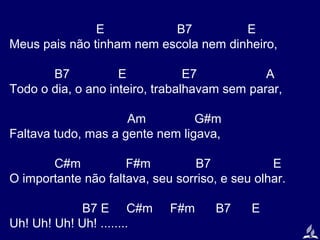 E
B7
E
Meus pais não tinham nem escola nem dinheiro,
B7
E
E7
A
Todo o dia, o ano inteiro, trabalhavam sem parar,
Am
G#m
Faltava tudo, mas a gente nem ligava,
C#m
F#m
B7
E
O importante não faltava, seu sorriso, e seu olhar.
B7 E C#m
Uh! Uh! Uh! Uh! ........

F#m

B7

E

 