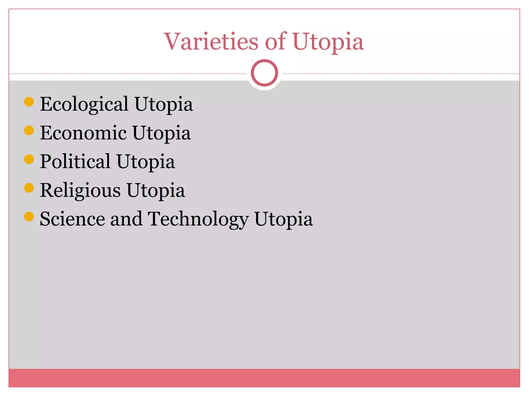 Varieties of Utopia
Ecological Utopia
Economic Utopia
Political Utopia
Religious Utopia
Science and Technology Utopia
 